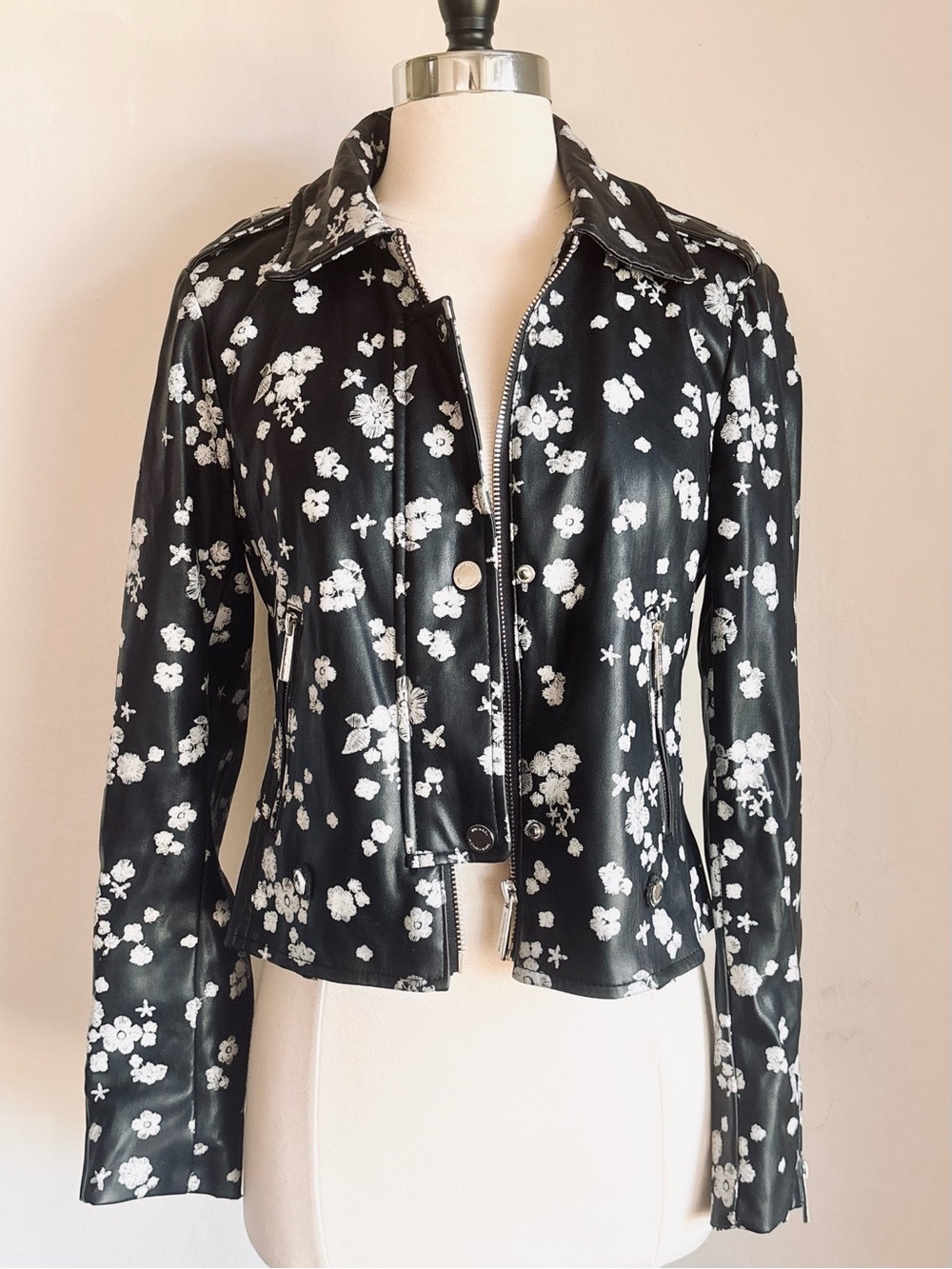 MICHAEL Michael Kors Black Floral Faux Leather Moto Jacket, S